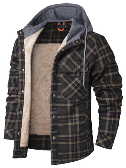Cozy Men's Hooded Flannel Jacket with Faux Fur Lining for Winter Outdoors