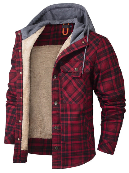 Cozy Men's Hooded Flannel Jacket with Faux Fur Lining for Winter Outdoors