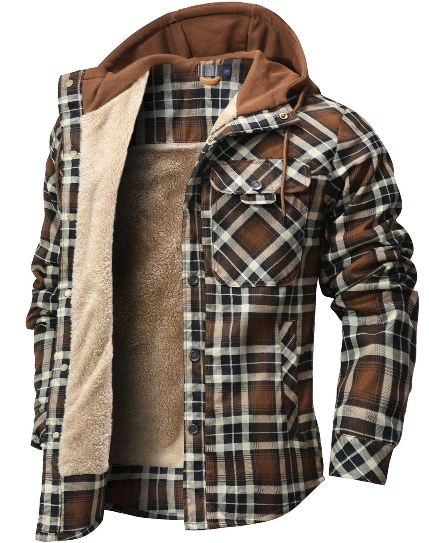 Cozy Men's Hooded Flannel Jacket with Faux Fur Lining for Winter Outdoors