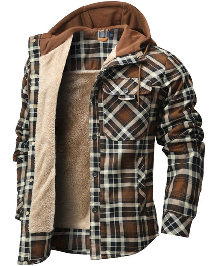 Cozy Men's Hooded Flannel Jacket with Faux Fur Lining for Winter Outdoors