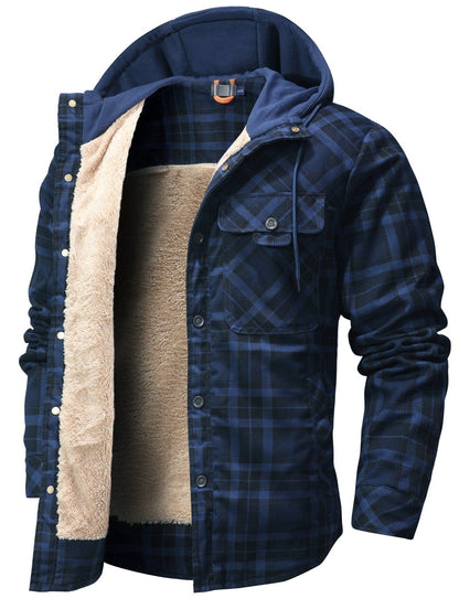 Cozy Men's Hooded Flannel Jacket with Faux Fur Lining for Winter Outdoors